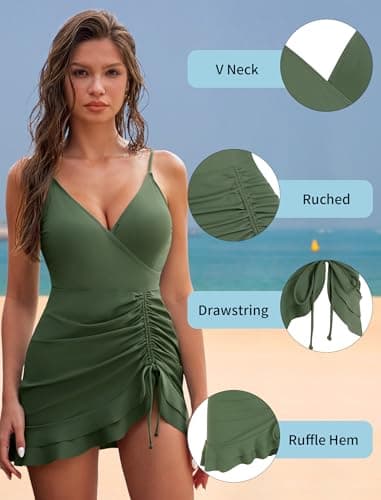 ZAFUL Womens One Piece Swimdress Modest Tummy Control Bathing Suit Ruffle Swim Skirts V Neck Swim Suits 2025 Army Green L - Thumbnail 4