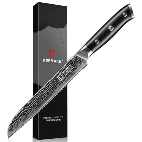 KEEMAKE Serrated Bread Knife, 8 Inch Japanese Damascus Kitchen Knife Wave Edge with G10 Ergonomic Handle, Cake Cutter Bread Slicing Knife for Sourdough Loaf Ciabatta - Image 1