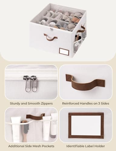 StorageWorks Shoe Organizer for Closet, Shoe Storage Bins with Clear Lid, Fabric Shoe Boxes with Side Mesh Pockets, Shoe Organizer Bin for Slippers and Flats, Holds Up to 16 Pairs, Beige - Thumbnail 3
