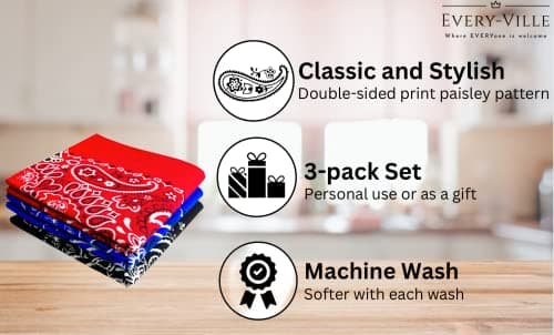 EVERY-VILLE Where EVERYone is Welcome Cotton Bandanas for Men Women- 3 Pack Gift Set, Paisley, 22x22 Inches, Red Black Blue - Thumbnail 3