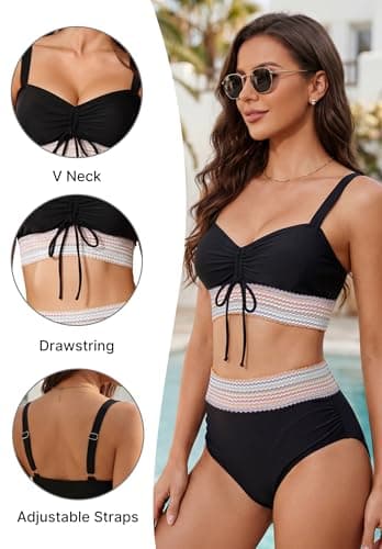 Pleneal Womens High Waisted Bikini Sets Two Piece Drawstring Swimsuits Color Block Tummy Control Bathing Suit - Thumbnail 5