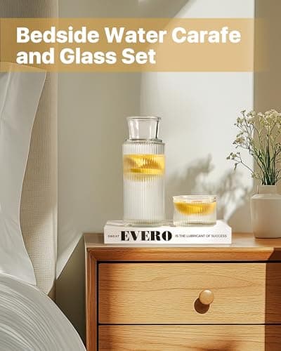DmmyAlzx Bedside Water Carafe and Glass Set, Classic Vertical-Striped 27oz Glass Carafe with 7.1oz Tumbler Lid, Nightstand Water Pitcher, Bathroom Mouthwash Dispenser, Elegant Gift for Home & Office - Thumbnail 4