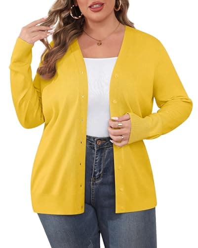 TIANZHU Plus Size Womens Sweater Cardigan Open Front Long Sleeve V Neck Button Comfy Lightweight Casual Jacket Coat Mustard Yellow 4X-Large - Image 1