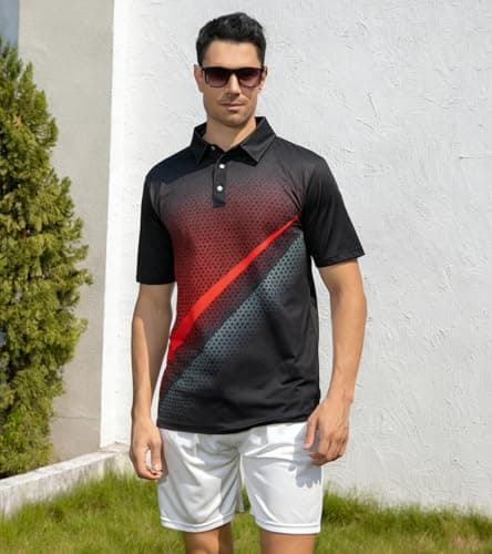 uideazone Mens Golf Shirts Gradient Red Black Polo Shirt Polka Dot Abstract Stripe Performance Golf Short Sleeve Dry Fit Polos - Thumbnail 5