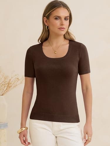 ANRABESS Womens Short Sleeve Sweaters Wool Blend Summer Scoop Neck Casual Business Knit Shirts Slim Fit Work Tops Outfits Chocolate Brown Small - Thumbnail 4