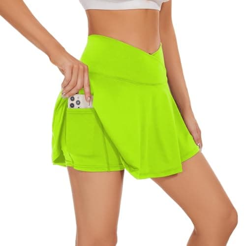 bpbtti Women's 2 Pack Crossover Tennis Skirt with Pockets High Waisted Pleated Athletic Golf Skorts Built-in Shorts (Neon Green,M) - Image 1