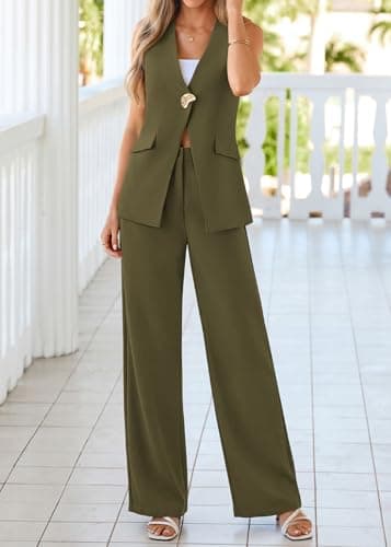 KIRUNDO Pant Suits for Women Dressy 2 Piece Sets Sleeveless Blazer Vest Wide Leg Matching Pantsuit Business Casual Outfits(Army Green, Large) - Thumbnail 4