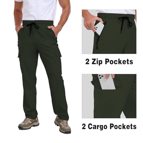 Mens Cargo Hiking Pants with 4 Pockets Waterproof Quick Dry Lightweight UPF 50+ Elastic Waist Drawstring Casual Work Travel Outdoor Fishing Army Green S - Thumbnail 5