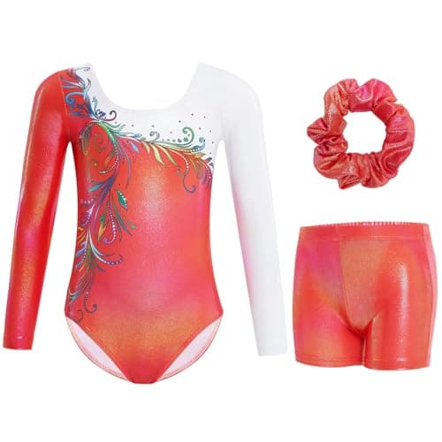 Gogokids Gymnastics Leotards for Girls Long Sleeve Sparkly Rhinestone Dance Unitard with Shorts & Scrunchie Activewear, B-red, 9-10 years, 140 - Image 1