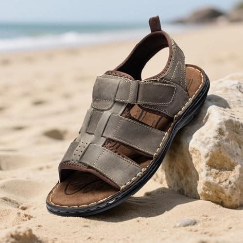 ArcBrothers Men's Premium Leather Sandals - Classic Roman Style Open Toe Sandals - Cushioned Heel, Non-Slip & Sturdy Support - Thumbnail 2