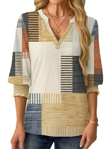 GKBK Womens 3/4 Sleeve Shirts V Neck Dressy Casual Spring Summer Blouses with Smocked Cuffs - Thumbnail 4