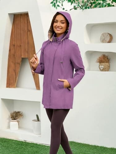 MODERN BUBBLE Womens Long Hooded Rain Jacket Waterproof Outdoor Hiking Raincoat Windbreaker Lightweight Trench Coat (US, Alpha, X-Large, Regular, Regular, Light-Purple) - Thumbnail 5
