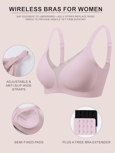 COCOMARTS Jelly Bras for Women No Underwire Push Up Deep V Mesh Comfort T Shirt Bralette Wireless Seamless Everyday Bra Pink XX-Large - Thumbnail 4