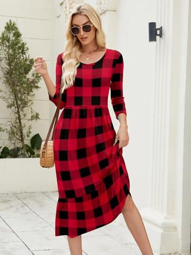 Heymoments Women Dress Crewneck 3/4 Sleeves Red Plaid Medium Wedding Guest A line Casual Flowy Swing Party Vintage Spring Fall Winter Beach Travel 2026 Long Midi Dresses with Pockets - Thumbnail 2
