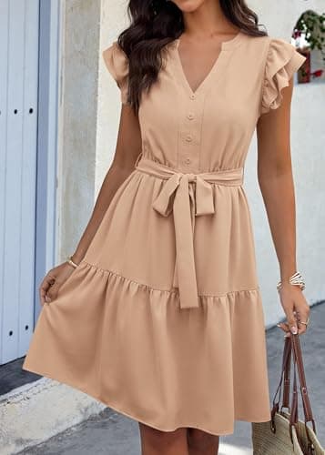 KIRUNDO Summer Dresses for Women 2026 Spring Flutter Sleeve V Neck Ruffle Flowy Tiered Knee Length Beach Vacation Sundress(Khaki, X-Large) - Thumbnail 4