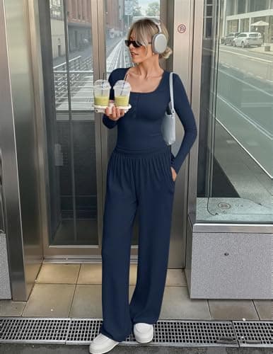 MEROKEETY Women's 2025 Fall Two Piece Airport Outfits Lounge Sets Henley Shirts Wide Leg Pants Matching Sets, DarkBlue, Small - Thumbnail 2