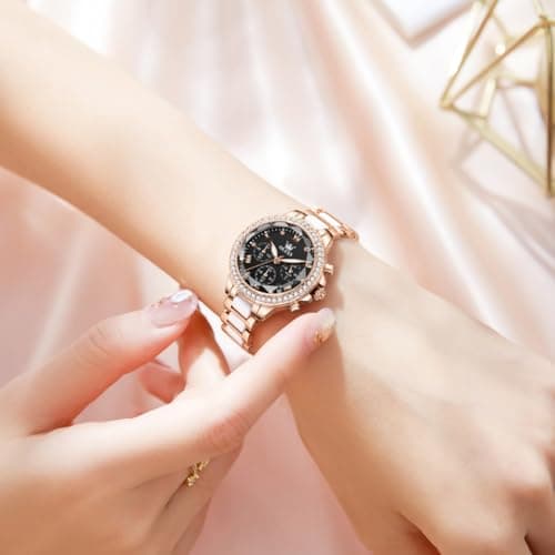 OLEVS Ladies Luxury Watch Black Mother of Pearl Dial Rose Gold Ceramic Stainless Steel Band Diamond Accents Women's Dress Watch Chronograph Elegant Ladies Waterproof Watches Fashion Quartz Watches - Thumbnail 3