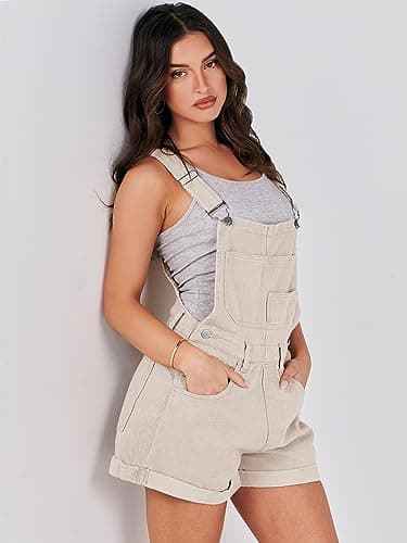 ANRABESS Overalls for Women Denim Shorts Overalls 2025 Summer Casual Loose Fit Adjustable Rompers Jean jumpsuit Bib Shortalls Apricot Large - Thumbnail 4