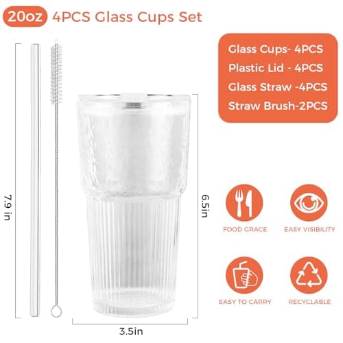 Colnic 4PCS 20oz Glass Cups with Lids and Straws, Iced Coffee Cups with Lids, Stylish Ribbed Thick Drinking Glasses Tumbler for Juice, Smoothies, Cold Beverages, Cute Cup Gifts with Clean Brush - Thumbnail 2