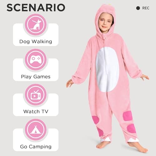 OLAOLA Kids Animal Onesie, Unisex Pink Dinosaur Onesies, Plush Cosplay Pajamas for Girls Boys, One-Piece Sleepwear Halloween Costume - Thumbnail 5
