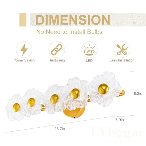 TYhogar 26.7" Gold Bathroom Light Fixtures 5 Light Floral Vanity Lights, 3-Color Dimmable Bathroom Vanity Light Elegant Led Wall Lights Cordless Wall Sconces for Decor,Bathroom,Livingroom - Thumbnail 5
