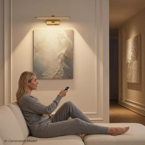 JOOSENLUX Rechargeable Picture Light, 16" Brass Battery Operated Wall Sconce with Remote, Dimmable LED Art Light for Paintings, Timer, Swing Arm - Thumbnail 4