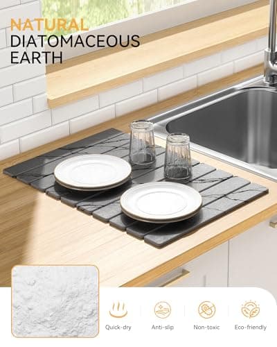Yofidra Large Stone Dish Drying Mat for Kitchen Counter, Quick Dry Stone Mats with Absorbent Diatomaceous Earth, Foldable Roll Up Drying Organizer Pad for Utensils Plate, 24"×16", Dark Gray Marble - Thumbnail 4