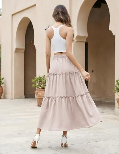 Aprolive Womens Boho Maxi Skirt Drawstring High Waist A-Line Skirt Pleated Ruffle Long Skirts Summer Casual Vacation Outfits(1-Tan,Small) - Thumbnail 3