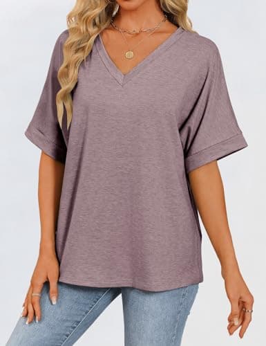 Womens Oversized T Shirts V Neck Loose Fit Shirts Short Sleeve Summer Casual Tops 2025 Trendy Blouses Y2K Plain Tees Gray Purple XL - Thumbnail 2