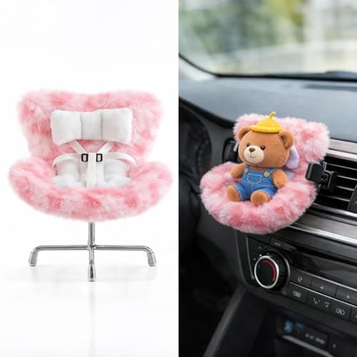 Ezcora Cute Car Accessories for 10-17cm Dolls, Pink Leopard Doll Car Seat with Clip onto Car Air Vent, Includes Seat Leg for Desktop Display (Strawberry ice Cream)