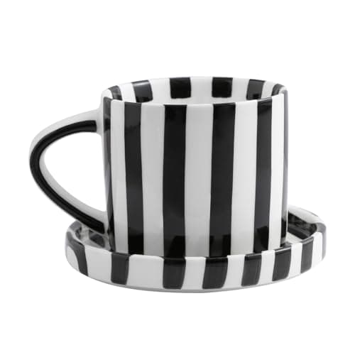 Cup and Saucer Set Hand-Painted Black Stripes, 8 Oz Ceramic Coffee Mug, Espresso Cups, Porcelain Coffee Cup for Cappuccino, Espresso, Coffee, Tea, Cafe Mocha, Latte, Set of Cup Gift for Coffee Lover - Image 1