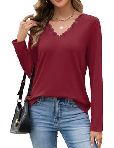 JUSTFASHIONNOW Shirts for Women Long Sleeve Lace Tops V Neck Solid Tshirt Plus Size Blouses Business Casual Fashion Tops Trendy Winter Clothes (Wine Red,XX-Large) - Thumbnail 2