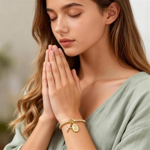 14K Gold Plated Bead Cross Bracelet, Virgin Mary Cross Bracelet for Women, Dainty Stretch Bead Bracelet, Religious Jewelry for Catholic Baptism Confirmation Easter Gifts (To My Godmother-Gold) - Thumbnail 3