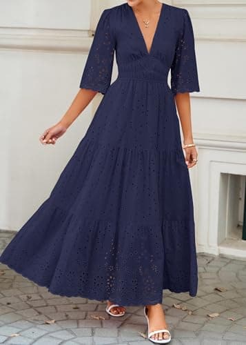 Lazysmile Long Sleeve Dresses for Women V Neck Hollow Out Eyelet Ruffle Swing A-Line Fall Vacation Boho Maxi Dress Navy - Thumbnail 2