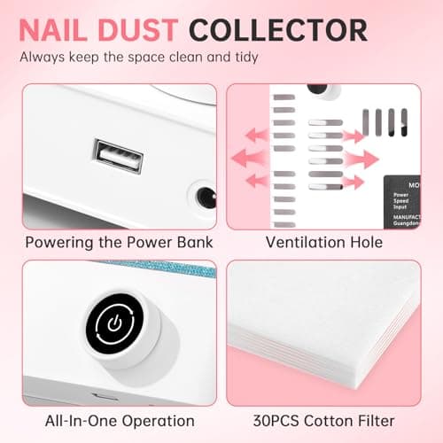 CHRISTINE SHELLY Nail Dust Collector, Bling Diamond Cordless Rechargeable 5000RPM Vacuum Nail Tech Fan Extractor, Professional Nail Duster Suction, Low Noise, Salon&Home - Thumbnail 5