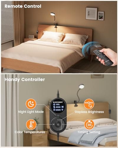 Glocusent 72 LED Clip on Lamp with Remote, Reading Light with Amber Ring, 3 Colors & 5 Dimmable Bed Lamp, 30/60-Min Auto Off Timer, Clamp Light for Headboard/Dorm/Bunk (Black) - Thumbnail 3