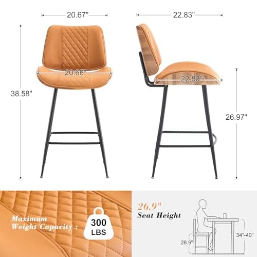 BERYTH Counter Height Barstools Set of 3, 26.9" Armless Stools with Metal Legs, Walnut Pub Chair in Modern Style,PU Leather Bentwood Bar Chair for Home Counter, Kitchen Dining Island,Cafe(WhiskyBrown) - Thumbnail 2