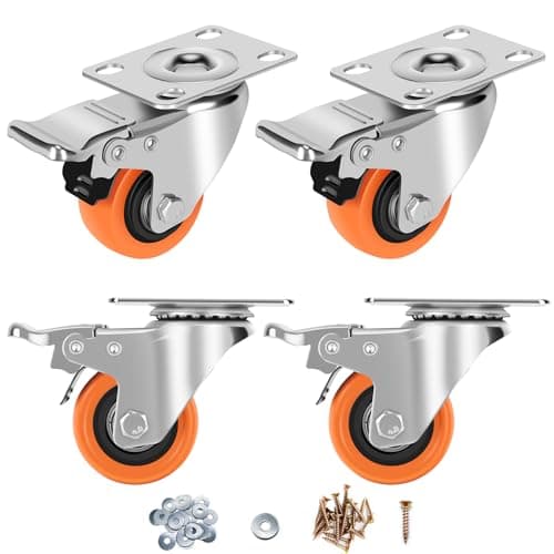ASRINIEY Caster Wheels, 2" Casters Set of 4 Heavy Duty - Locking Casters Orange Polyurethane Wheel, Swivel Plate Caster with Brake, Non-Marking Castor Wheels for Carts Furniture and Workbench - Image 1