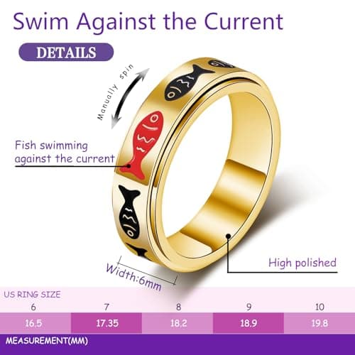 Fidget Spinner Ring for Adults - Swim Against the Current Fish Anxiety Rings for Women, Motivational Fidgets Jewelry for Stress Relief, Stainless Steel Spinning Rings with Inspirational Design Gold Size 6 Ring - Thumbnail 4