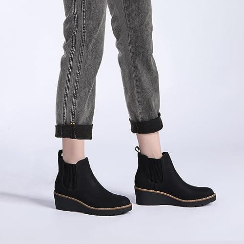 Athlefit Women's Chelsea Wedge Boots Elastic Platform Lug Sole Slip on Wedge Ankle Black Booties Size 8 - Thumbnail 2