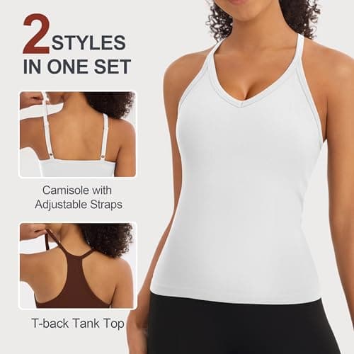 Missclub Running Tank Tops for Women Built in Bra V Neck Seamless Ribbed Workout Athletic Sleeveless Top Shirts Brown White - Thumbnail 4