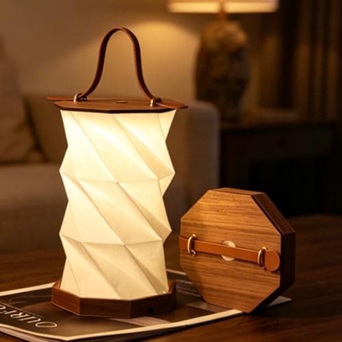 Ba sus Wooden Rotating Table Lamp, Warm Light Design with Leather Handle, Long Press Dimming Function, Built-in Battery & USB Rechargeable, Adjustable Heights for Bedroom, Living Room, Camping - Image 1