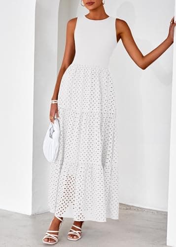Lazysmile Womens Summer Dresses Crewneck Sleeveless A-Line Hollow Out Eyelet Tiered Tank Maxi Dress Sundress with Pockets White - Thumbnail 6