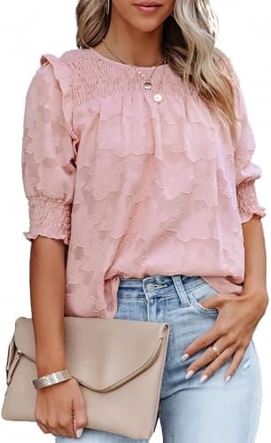 Dokotoo Women's Cute Tops 2026 Summer Crew Neck Flowy Ruffle Half Sleeve Shirred Blouses Floral Textured Babydoll Shirts Casual Loose Pink T Shirts Medium - Image 1