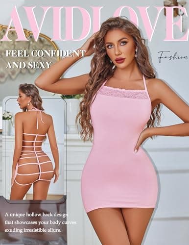 Avidlove Lingerie Set Modal Sleepwear Halter Neck Full Slip Tight Night Gowns for Adult Sleeveless Nightgown (Pink,M) - Thumbnail 2