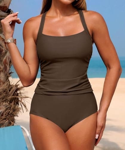 ZAFUL Tankini Swimsuits for Women Bathing Suits Tummy Control Two Piece Tankini Sets Ruched Tankini Tops with Bottom Brown M - Thumbnail 2