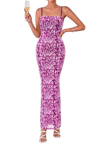 BTFBM Womens Summer Maxi Dress 2026 Floral Mesh Spaghetti Straps Sleeveless Sexy Bodycon Wedding Cocktail Party Dresses(Dark Purple Print, Medium) - Image 1