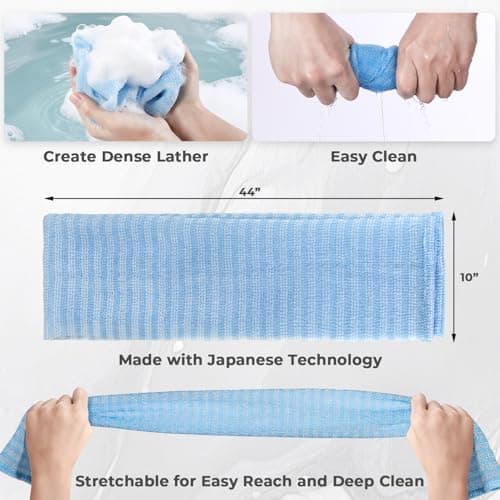 Back Scrubber for Shower and Dead Skin Removal, Exfoliating Body Scrubber for Smooth Skin Japan Washcloth for Shower & Bath, Versatile Body Scrub Towel, Ideal for Skincare, Deep Exfoliation Blue - Thumbnail 4