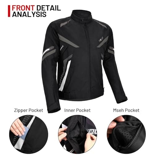 RKV86 Mens Motorcycle Jacket with Detachable Thermal Liner & Knee Pads CE Armored Riding Jacket Water-Repellent Windproof for All Season (Black-Grey 2XL) - Thumbnail 4