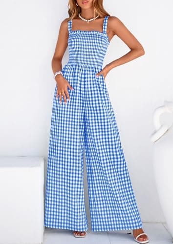 PRETTYGARDEN One Piece Jumpsuits for Women Casual Summer Cruise Outfits 2026 Spring Fashion Smocked Wide Leg Gingham Rompers (Blue,XX-Large) - Thumbnail 3